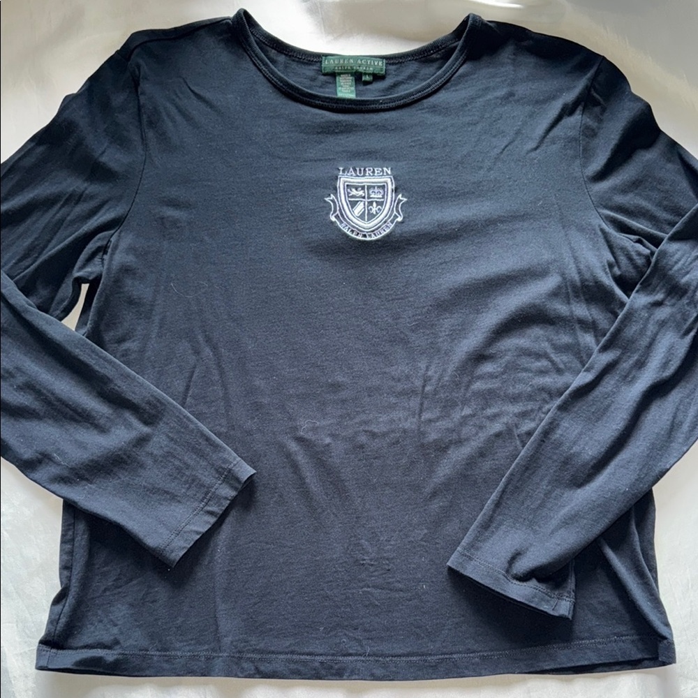 Vintage Lauren Active Ralph Lauren Black Long Sleeve T-Shirt White Crest Preppy - Picture 4 of 9
